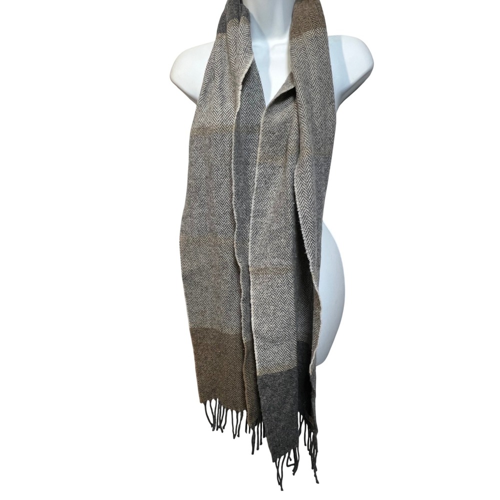 Foxford Grey Brown Herringbone 100% Lambswool Scarf Made in Ireland Fringed 2954